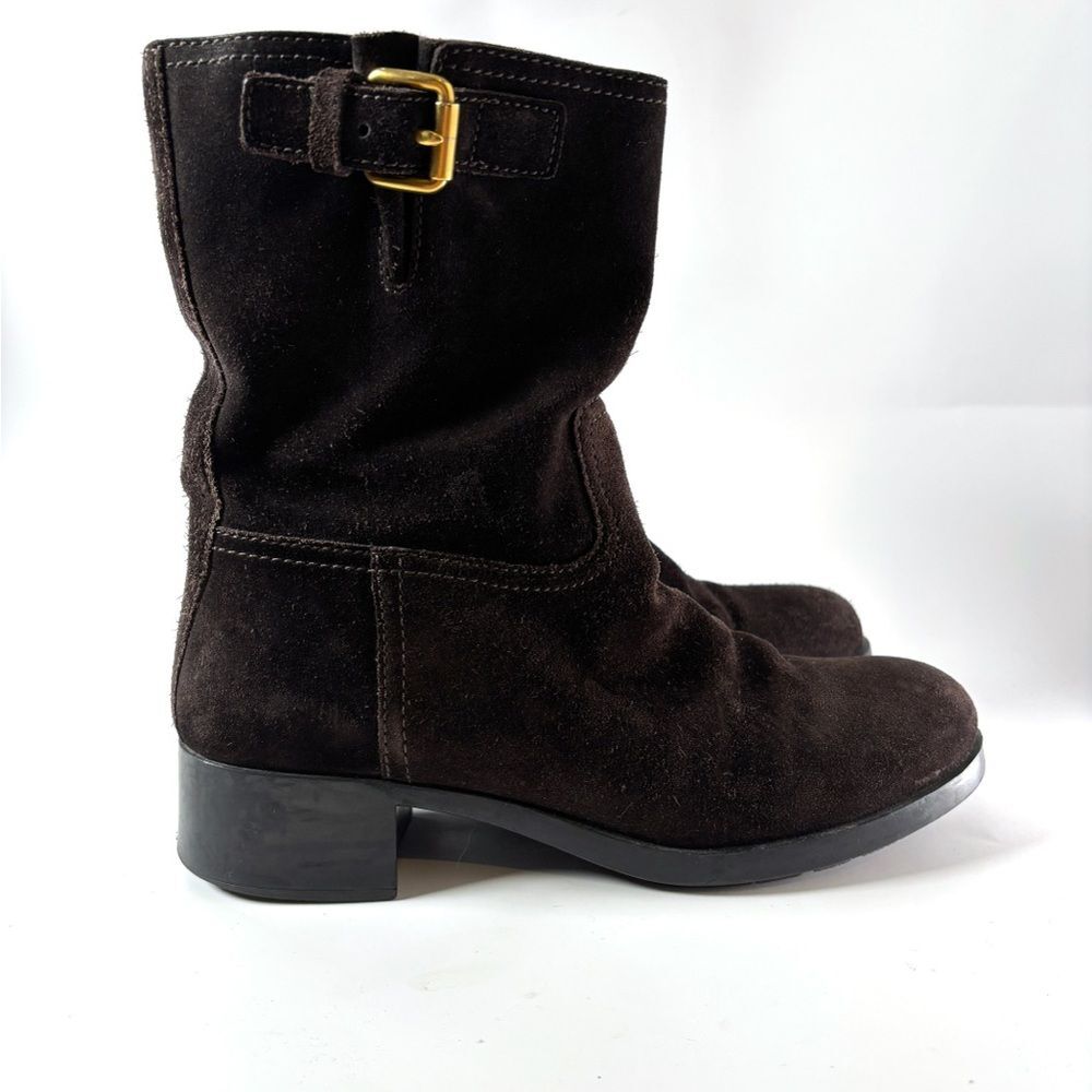 Prada Vintage Brown Suede Ankle Boots with Gold Buckle | Made in Italy